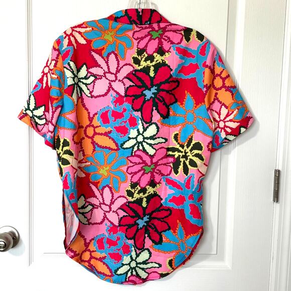 Wms L Vibrant Colorful Floral SS Button Up Tunic Shirt Dopamine Dressing - Picture 2 of 9